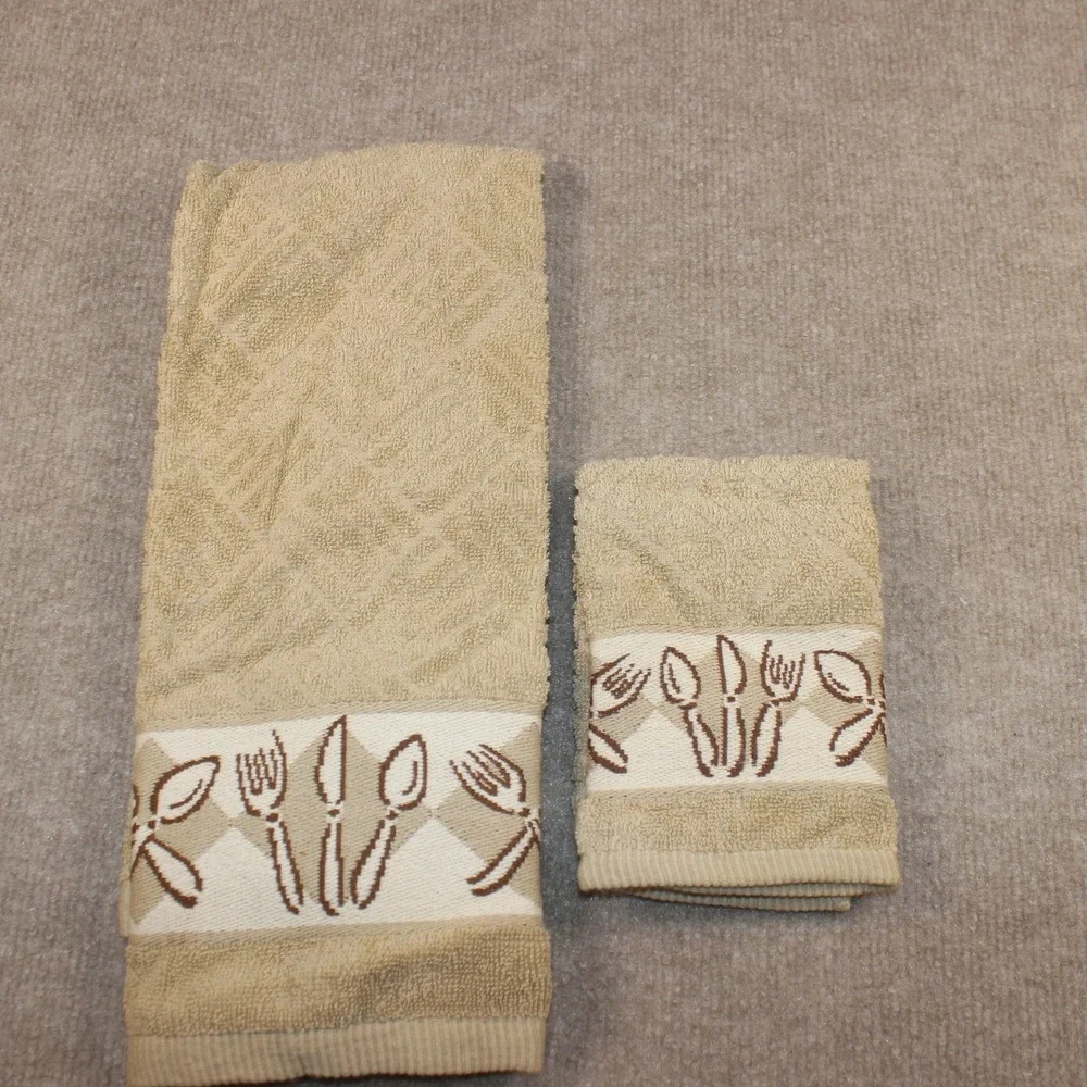 Tan Kitchen Towel Set Embroidered Cutlery Utensil Border Hand Towel Washcloth